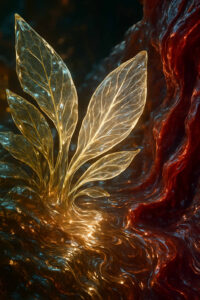 Eine leuchtende, durchscheinende Pflanze mit mehreren Blättern wächst aus einem flüssig wirkenden, rot-goldenen Boden. Die Blätter wirken wie aus Glas oder Kristall geformt und strahlen inneres Licht aus. Um sie herum wogt eine glühende Energie.