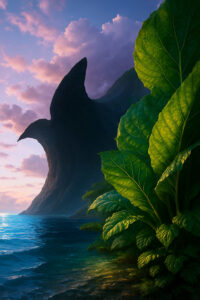 Riesige grüne Blätter wachsen am Rand eines klaren Meeres. Im Hintergrund erhebt sich ein schwarzer Fels, der wie eine gebogene Flosse geformt ist. Abendlicht taucht die Szene in sanfte, traumhafte Farben.