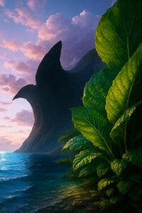 Eine dramatische Küstenlandschaft mit grünem Laub im Vordergrund und einem bizarren, schnabelartig geformten Felsen im Hintergrund. Der Himmel ist in Rosa und Violett getaucht, das Meer glänzt türkisblau. Eine Szenerie zwischen Traum und Wirklichkeit.