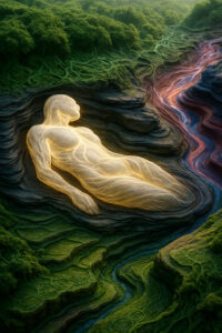 In einer grünen Landschaft liegt eine riesige, humanoide Figur aus goldenem Licht eingebettet in Felsformationen. Neben ihr fließt ein rötlich schimmernder Fluss, der sich durch die Täler windet. Die Szene wirkt mythisch und überirdisch zugleich.