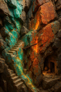Eine Felsschlucht zeigt schimmernde, leuchtende Adern in Türkis und Orange. Eingemeißelte Stufen führen nach oben, während Felszeichnungen von Menschen und Tieren uralte Geschichten erzählen. Ein verborgener Eingang mit Gefäßen verstärkt das Geheimnisvolle.