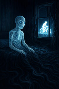 Ein gläsern schimmerndes Alien sitzt auf einem dunklen Bett, von Linien durchzogen. Durch das Fenster fährt eine geisterhafte Gestalt auf einem Fahrrad vorbei. Die Szenerie ist still und geheimnisvoll, ganz in blauem Licht getaucht.