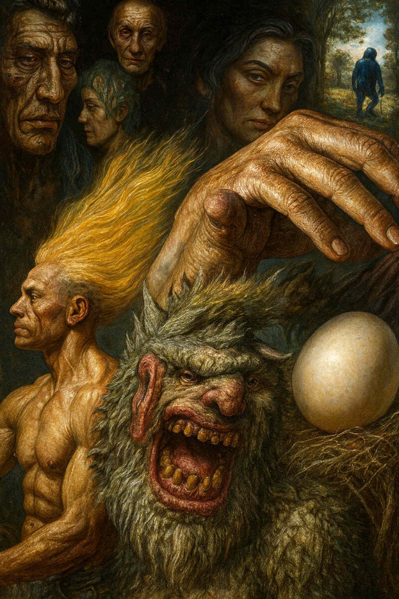 Verschiedene Gesichter, ein Troll mit wildem Haar und eine riesige Hand erscheinen in düsterer Komposition. Ein Ei liegt im Vordergrund, geheimnisvoll wie Ursprung oder Rätsel. Der Hintergrund öffnet sich in eine lichte Landschaft.