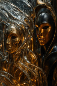 Zwei goldene Maskengesichter, eingefasst von transparenten, fließenden Strukturen, die wie Wellen wirken. Das Bild vereint Starrheit und Bewegung, Metall und Flüssigkeit. Es scheint eine Allegorie auf Identität und Vergänglichkeit zu sein.
