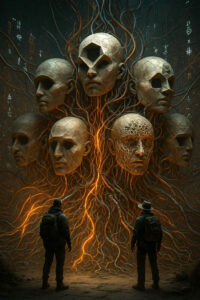 Aus einem Stamm wachsen zahlreiche steinerne Gesichter mit hohlen Augen und symbolischen Öffnungen. Zwei Gestalten in Mänteln stehen davor, klein im Vergleich zu den gewaltigen Masken. Leuchtende Adern durchziehen die Szene wie pulsierende Energie.