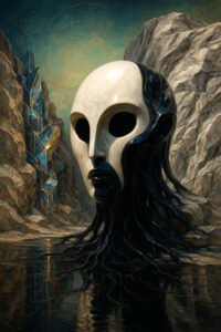 Eine riesige, weiß-schwarze Maske mit leeren Augenhöhlen ragt aus einem stillen Gewässer. Dunkle Wurzelstränge fließen wie Haare ins Wasser, während geometrische Kristalle und Symbole die Felsen schmücken. Atmosphärisch und unheimlich, fast wie eine Gottheit.