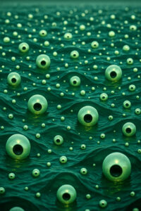 Eine endlose Wasserfläche ist übersät mit grünen Kugeln, die wie Augen wirken. Manche sind groß und dominant, andere winzig – doch alle starren den Betrachter an. Ein beklemmendes Gefühl von Beobachtung breitet sich aus.