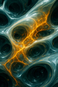 Ein abstraktes Geflecht durchscheinender Strukturen erinnert an eine organische Membran. Leuchtende goldene Linien verlaufen wie Blitze durch das Gewebe. Dunkle runde Hohlräume öffnen sich wie Augen. Das Bild wirkt zugleich biologisch und kosmisch.