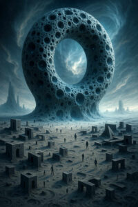 Eine gewaltige, löchrige Torus-Struktur erhebt sich in einer kargen Landschaft. Kleine Menschen wandern zwischen würfelförmigen Ruinen und Pyramiden. Der Himmel wirkt surreal, als würde er in das Zentrum des Ringes hineinsaugen.