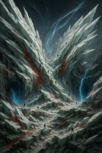 Riesige weiße Felsen durchzogen von roten Adern steigen spitz empor. Kleine menschliche Silhouetten klettern über die gezackten Hänge. Blaues Leuchten dringt aus Höhlen hervor, als ob das Gebirge selbst lebendig wäre.
