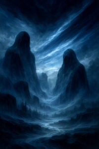 Geheimnisvolle Bergformationen ragen wie verhüllte Gestalten aus einer blauen Nebellandschaft. Die Szene wirkt still, aber von einer unheimlichen Präsenz erfüllt. Himmel und Nebel scheinen ineinanderzufließen, als trüge die Landschaft ein verborgenes Geheimnis.