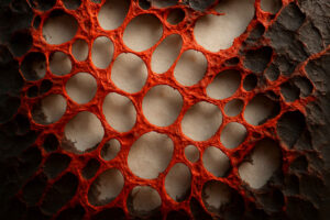 Eine organisch wirkende Struktur mit roten, durchbrochenen Membranen liegt über einer rauen Oberfläche. Die Löcher erinnern an Zellen, Wunden oder verbranntes Gewebe. Das Bild löst Assoziationen von Verletzlichkeit und Zerstörung aus.