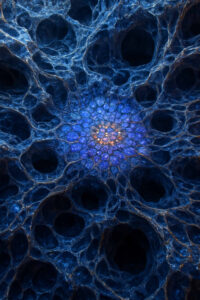 Eine abstrakte Struktur, die an ein Gewebe aus Zellen oder Höhlen erinnert. In der Mitte leuchtet ein bläulich-violettes Muster, das an einen Kristall oder eine Blüte denken lässt. Die organische Tiefe wirkt wie ein Blick in mikroskopische oder kosmische Dimensionen.