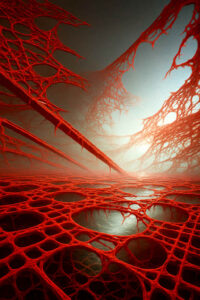 Rote, netzartige Strukturen spannen sich über eine Wasserfläche, die im fahlen Licht glänzt. Das Gewebe wirkt wie organisch gewachsen, zugleich zerbrechlich und unendlich stark. Ein surrealer Raum, der den Betrachter in fremde Dimensionen zieht.