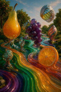 Fantastische Früchte wie Birne, Trauben und Orange bestehen aus transparentem Glas, eingebettet in einen farbenfrohen, regenbogenartigen Fluss.