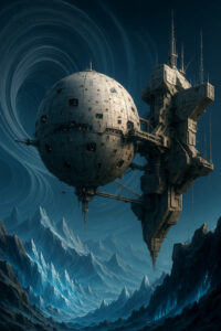 Ein gigantisches, kugelförmiges Raumschiff schwebt über einer Landschaft aus schroffen, blauen Gebirgen. Im Hintergrund öffnet sich ein kosmischer Strudel, der die Dimension des Bauwerks noch verstärkt. Das Bild verbindet Kälte, Technik und endlose Weiten.