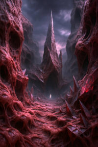 Eine gespenstische Landschaft aus fleischartigen roten Felsen, die voller Löcher und Spitzen sind. In der Ferne öffnet sich ein scharfer Spalt, in dem eine kleine, leuchtende Gestalt sichtbar ist. Die Stimmung ist bedrohlich und zugleich geheimnisvoll.