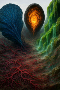 In einer zerklüfteten Landschaft breiten sich rote, wurzelartige Adern aus. Ein blauer Fächer und eine glühende, eiförmige Struktur stehen wie lebendige Monumente. Seitlich stürzen grüne Wasserfälle herab.