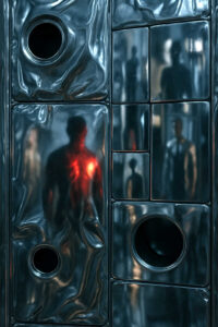 Eine Wand aus glänzendem, unregelmäßigem Metall mit eingelassenen Öffnungen. Hinter der Fläche erscheinen verschwommene Silhouetten von Menschen. Ein rotes Leuchten hebt die zentrale Gestalt hervor.
