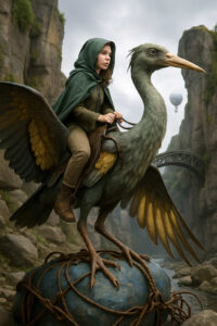 Eine Gestalt in grünem Umhang reitet auf einem riesigen Vogel mit majestätischen Flügeln. Die Szene spielt in einer felsigen Schlucht, über der ein Ballon im Himmel schwebt. Ein Hauch von Abenteuer und Magie erfüllt die Luft.