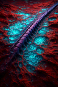 Eine Wirbelsäulenstruktur liegt eingebettet in eine rote, organische Oberfläche. Zwischen den Knochen glühen türkisfarbene Zellen wie pulsierende Energieblasen. Die Szene wirkt wie ein Blick ins Innere eines Lebewesens.