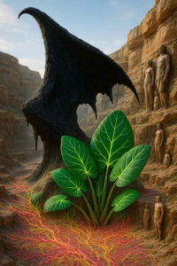 Ein dunkles, flügelhaftes Gebilde erhebt sich über einer Ebene. Davor leuchten grüne Pflanzen mit Wurzeln wie feurige Strahlen. In den Felsen ringsum stehen Steinfiguren, stumm und beobachtend.