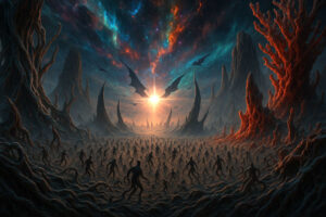 Eine endlose Menge dunkler, tentakelartiger Wesen bewegt sich durch eine fremdartige Landschaft mit scharfen Felsen. Am Himmel erstrahlt ein farbenreicher Nebel, während Drachen vor einer leuchtenden Sonne kreisen.