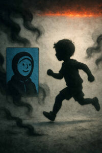 Ein Kind rennt als schwarze Silhouette durch eine neblige Szene voller Rauchschwaden. An der Wand hängt ein Bild mit einem lächelnden Gesicht im blauen Rahmen, das wie ein Kontrast wirkt. Eine Szene zwischen Unschuld und Bedrohung.