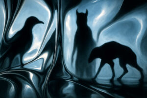 Surrealer Raum mit verzerrten Spiegelwänden, in denen die Silhouetten eines Vogels, eines Wolfes und eines hornartigen Wesens erscheinen.