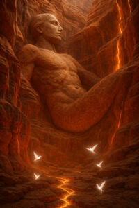 Ein gewaltiger menschlicher Körper ist in rotem Gestein eingearbeitet. Leuchtende Risse durchziehen die Felswände, kleine weiße Vögel fliegen empor. Die Gestalt wirkt wie ein ruhender Titan in der Tiefe der Erde.