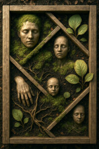 Mehrere menschliche Gesichter und eine Hand sind in Erde und Moos eingebettet, von feinen Wurzeln durchzogen. Junge Pflanzen sprießen dazwischen und schaffen ein Bild von Kreislauf und Erneuerung. Es wirkt wie eine stille Hommage an das Werden und Vergehen.