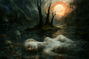 Ein bleicher Frauenkörper treibt regungslos in einem dunklen Fluss, während Gesichter im Wasser erscheinen. Über allem leuchtet eine unheimliche Sonne durch Wolken und karge Bäume. Das Bild strahlt Stille und Bedrohung zugleich aus.