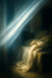 Ein sanft verschwommenes Bild, das einen goldenen Stoff zeigt, auf den ein heller Lichtstrahl in einem dunklen Raum fällt.