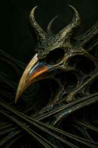 Ein dunkles, horntragendes Vogel-Schädelrelief aus Metall oder Stein. Der lange Schnabel glänzt golden, während sich organische Strukturen wie Wurzeln darum winden. Das Bild strahlt etwas Mystisches, fast Dämonisches aus.