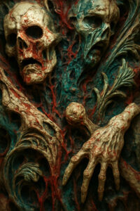 Ein reliefartiges Bild von verwesenden Schädeln und knöchernen Händen, die aus einem chaotischen Gewebe hervortreten. Blutrote und grünlich-blaue Farben durchziehen das Material wie Adern. Die Szene strahlt eine bedrückende Mischung aus Schrecken und Vergänglichkeit aus.