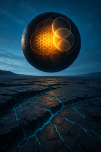 Eine riesige schwarze Sphäre schwebt über einer zerklüfteten Landschaft. In ihrem Inneren leuchten geometrische Muster aus Gold und Honigwabenstrukturen. Vom Boden ziehen blaue Lichtadern empor und verbinden Erde mit Himmel.