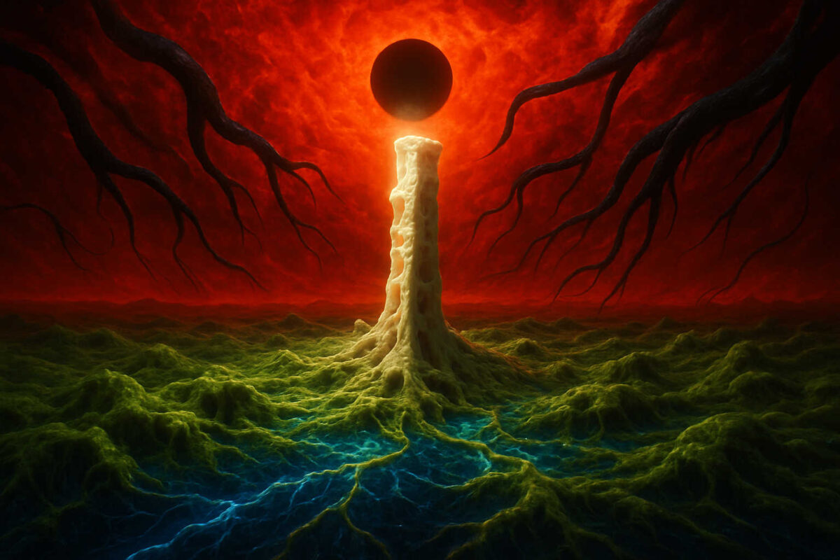 Ein gespenstischer Turm aus hellem Gestein ragt aus einer grünen, flüssig wirkenden Landschaft empor. Über ihm hängt eine schwarze Sonne am blutroten Himmel, umgeben von schwarzen Tentakeln – ein unheilvoller, apokalyptischer Anblick.