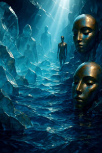 In einer mystischen Höhle ragen aus dem Wasser monumentale Köpfe aus Bronze empor, ihre Augen geschlossen wie in tiefem Schlaf. Zwischen den schimmernden Felsen stehen schemenhafte Gestalten, vom blauen Licht durchdrungen. Strahlen fallen von oben herab und tauchen die Szene in eine geheimnisvolle, fast sakrale Stimmung.