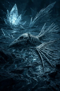 Ein fossiles Skelett mit Flügeln liegt auf dunklem, kristallinem Boden. Hinter ihm wachsen riesige, scharfkantige Kristalle empor. Das kalte blaue Licht taucht die Szene in eine frostige Stille. Es erinnert an eine vergessene Kreatur aus einer anderen Zeit.