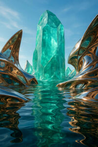 Ein riesiger türkisfarbener Kristall ragt wie ein Berg aus dem Wasser. Goldene, organisch geformte Strukturen spiegeln sich in der ruhigen See. Der Himmel ist klar und blau.
