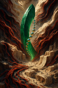 Ein riesiger grüner Kristall erhebt sich aus einer wogenden Landschaft aus rotem Gestein und Feueradern. Kugelförmige Objekte schweben wie Perlen an seiner Seite. Winzige Gestalten am Boden lassen die Größe des Monuments erahnen.