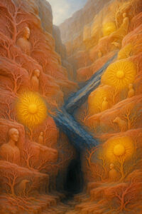 Goldene, strahlenförmige Kugeln leuchten zwischen Felsen, deren Oberflächen wie Adern durchzogen sind. Aus den Wänden ragen steinerne Figuren. Ein Fluss in kühlem Blau teilt die warme, glühende Szenerie.