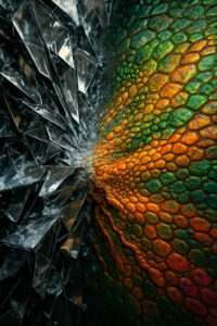 Farbige Schuppen in Grün und Orange drücken gegen scharfkantiges Glas. Die Struktur wirkt organisch, beinahe lebendig. Ein Moment eingefrorener Kraft, als würde Natur auf kühle Geometrie stoßen.
