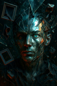 Ein menschliches Gesicht ist von scharfkantigen Glasscherben überzogen. Teile der Haut wirken wie Metall, kalt und zerbrochen. Um die Figur schweben leere Rahmen und Bruchstücke im Dunkel. Das Bild symbolisiert Fragmentierung und innere Zerrissenheit.