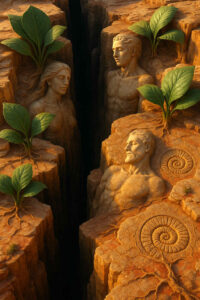 Zwischen einer gewaltigen Felsspalte ruhen menschliche Gesichter und Körper im Gestein. Junge Pflanzen wachsen aus dem Stein, ihre Wurzeln greifen nach Leben. Spiralförmige Fossilien deuten auf den unendlichen Zyklus von Leben und Vergehen.