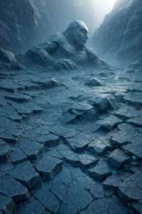 Ein gigantischer Felsen in Gestalt eines liegenden Menschen liegt zwischen Schluchten. Der Kopf ruht auf dem Boden, die Hand ist ausgestreckt. Die zerklüftete Landschaft wirkt wie ein erstarrter Titan.