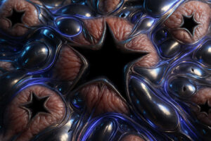 Nahaufnahme organisch-technischer Strukturen mit sternförmigen Öffnungen, die an pulsierendes Gewebe erinnern, von metallisch glänzenden Oberflächen umschlossen – eine unheimliche Mischung aus Biologie und Maschine.