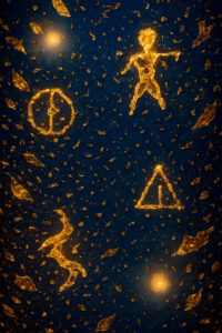 Goldene Symbole – eine Figur, ein Dreieck, ein Kreis und eine Schlange – schweben funkelnd in einem dunkelblauen, kosmischen Hintergrund.