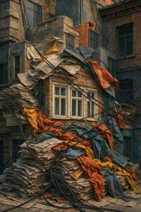 Ein verwittertes Gebäude ist mit Bergen von Stoffbahnen und Papier überzogen. Kabel ziehen sich quer durch die Szene, als wäre die Stadt von ihren eigenen Resten umwuchert. Ein Bild von Vergänglichkeit und chaotischer Schönheit.