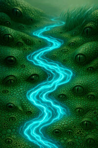Ein leuchtender Fluss aus Energie schlängelt sich durch grüne Schuppenlandschaften voller Augen. Die Szene wirkt wie ein Traumwesen, das gleichzeitig schläft und wachsam ist. Natur und Mythos verschmelzen in stiller Intensität.